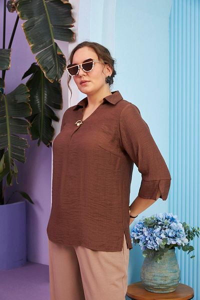 RMG Plus Size Collar Detailed Brown Blouse