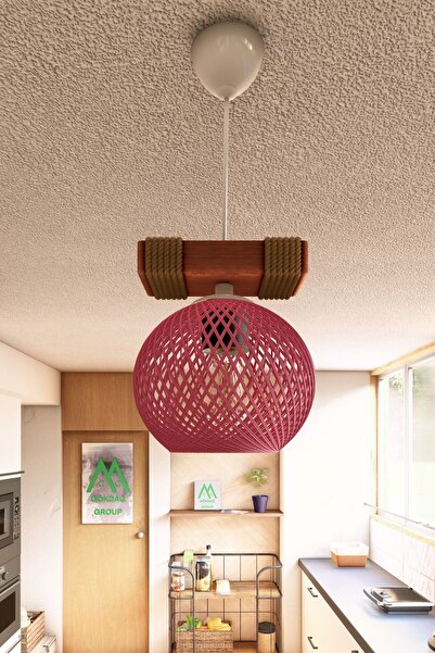 Naturel Lighting Ahşap Halatlı Balle Pembe Küre Top Tekli Sarkıt Kütük Avize