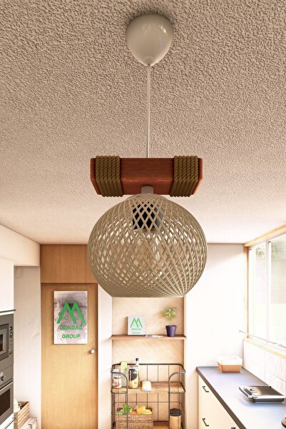 Naturel Lighting Ahşap Halatlı Balle Krem Küre Top Tekli Sarkıt Kütük Avize