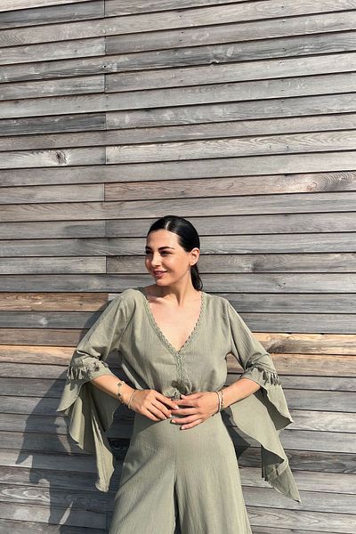 Seda Yalçın Atelier Khaki Madrid Spanish Sleeve Design - Blouse and Pants Set