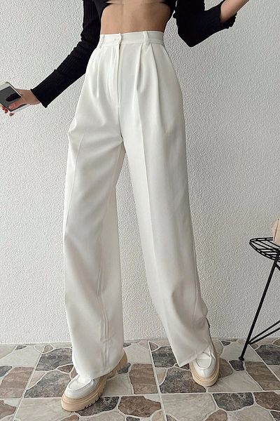 Miss Ariena Weiße, plissierte Komfort-Palazzo-Damenhose mit hoher Taille