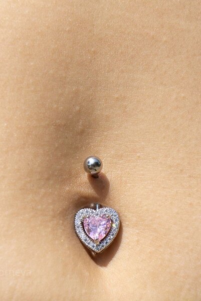 MAZEN Pembe Zirkon Taşlı Kalpli Göbek Piercingi Çelik Kararmaz