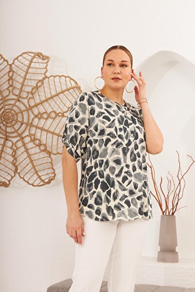 RMG Smoked Plus Size Blouse with Pattern and Sleeve Detail