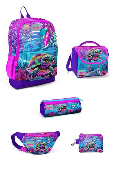 Coral High Set de 5 geanți de școală cu model broasca țestoasă roz violet - 5SET23756