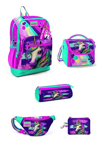 Coral High Set de 5 genți de școală cu model unicorn verde apă roz pentru cop...