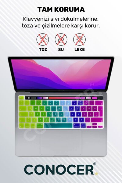 CONOCER Macbook Pro M2 13inc Uyumlu Klavye Koruyucu A2289 2251 A2338 A2141 Türkçe Baskı