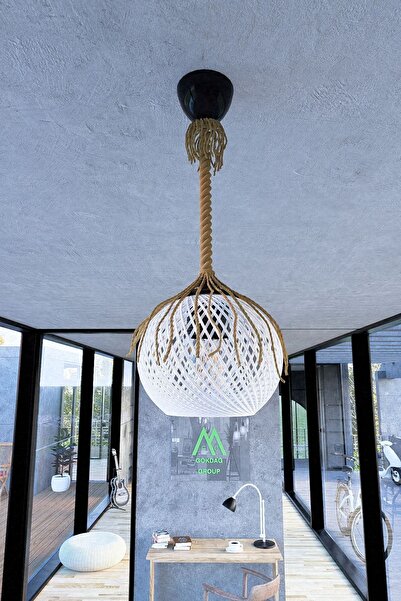 Naturel Lighting Rustik Halatlı Sarkıt Avize Balle Beyaz Top Aydınlatma