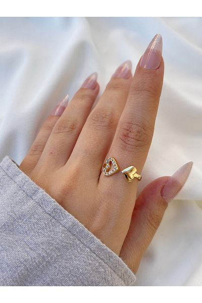 Eylülün Takısı Gold Color Stone Detailed Women's Heart Ring