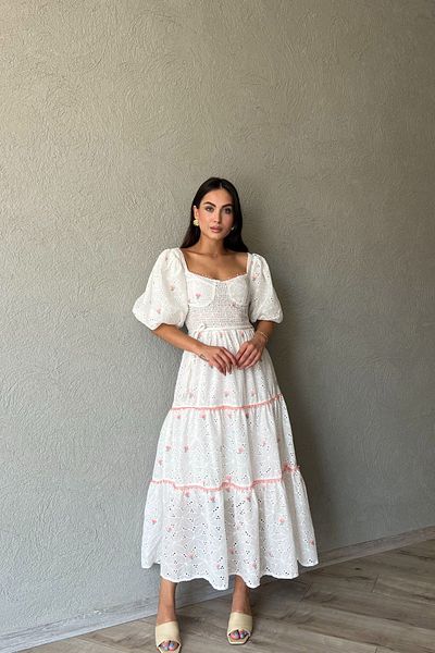 Seda Yalçın Atelier Balloon Sleeve White Pink Floral Patterned Dress