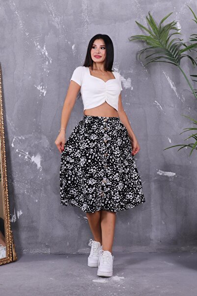 Buttoned Elastic Waist Daisy Pattern Skirt