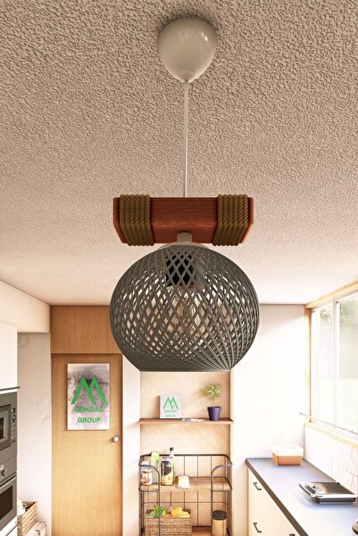 Naturel Lighting Ahşap Halatlı Balle Füme Küre Top Tekli Sarkıt Kütük Avize