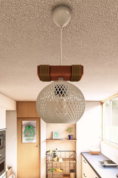 Naturel Lighting Ahşap Halatlı Balle  Beyaz Küre Top Tekli Sarkıt Kütük Avize