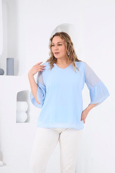 RMG Plus Size Blue Baby Blouse with Pleated Sleeves
