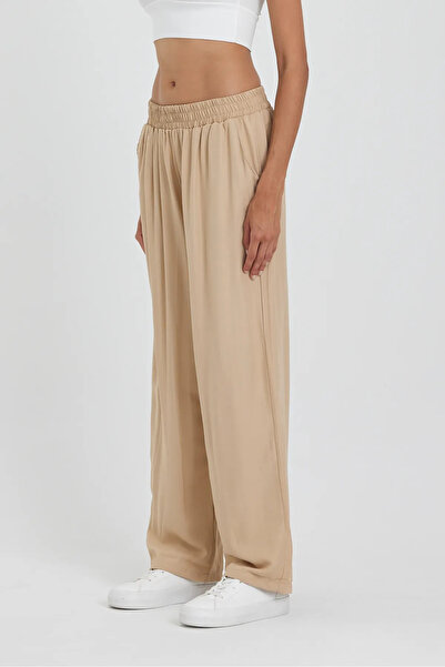 Rodi Jeans Kadın Bej Beli Lastikli Cepli Bol Paça Viskon Pantolon