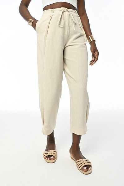 Orfeo Negro WOMEN NATUR COLOR WAIST BELTED COMFORTABLE FIT LINEN PANT