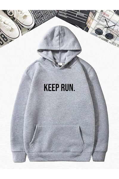 BENROMA Сив суитшърт с качулка и оверсайз - с щампа Keep run