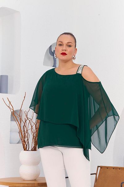 RMG Emerald Plus Size Chiffon Blouse - Shoulder Stone Detail