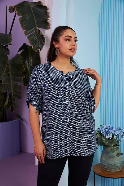 RMG Large Size Navy Blue Viscose Blouse - Sleeve Detail