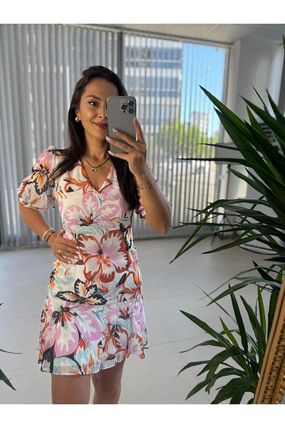 caddstore Rochie din șifon roz cu decolteu în V - Mc 5829