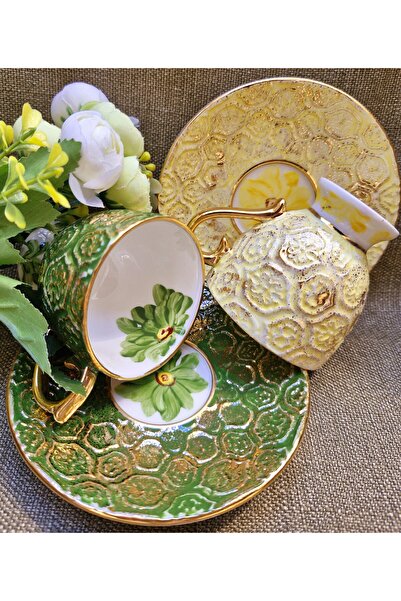 BY.RAYKA PORSELEN El Dekor Antique Porcelain Hand Painting Set of 2 Coffee Cups