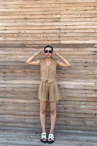 Seda Yalçın Atelier Linen Mink Set - Vest and Shorts with Back Detail