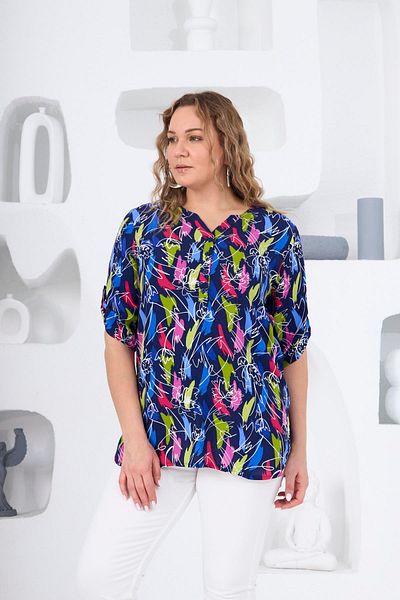 RMG Navy Blue Patterned - Plus Size Blouse