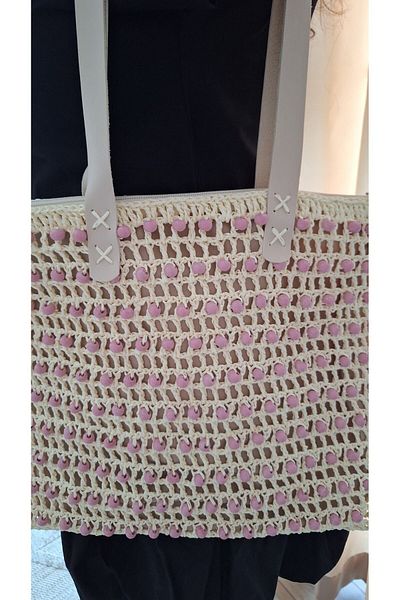SOUL BY A&B Light CreAm Colored Wooden pink DetAiled Shoulder BAg - Zippered And Lined pAper String BAg