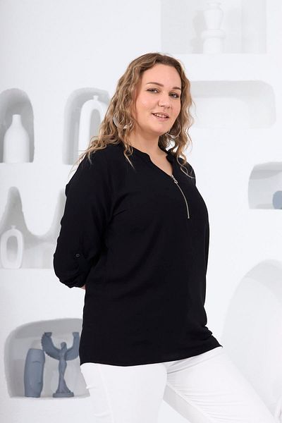 RMG Plus Size Black Blouse with Collar Zipper Detail