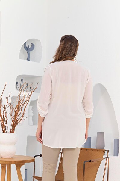 RMG Plus Size Ecru Tunic - Pocket and Sleeve Detail, Voile Viscose, Slit