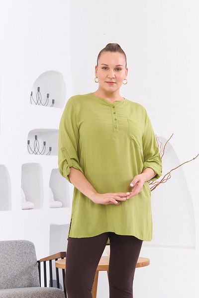RMG large Size Green Viscose Tunic - Pocket and Sleeve Detail, Slit