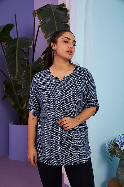 RMG Large Size Navy Blue Viscose Blouse - Sleeve Detail