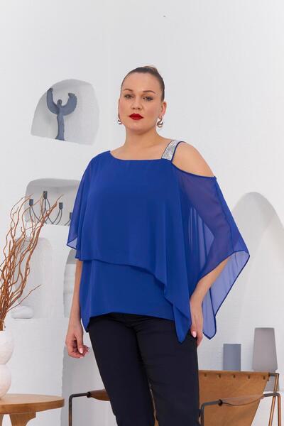 RMG Omuz Taş Detay Içlikli Şifon Büyük Beden Bluz Saks