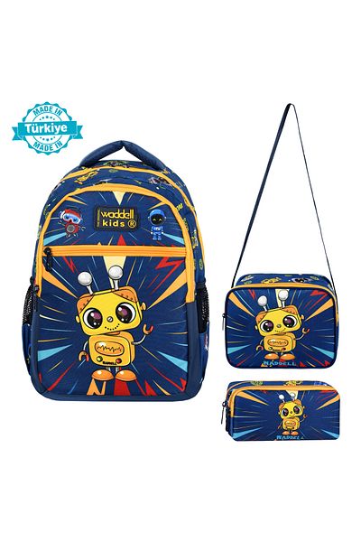 Waddell LicenSed Yellow Robot Patterned Backpack, Lunch Bag and Pen Holder Set for Men'S Primary School