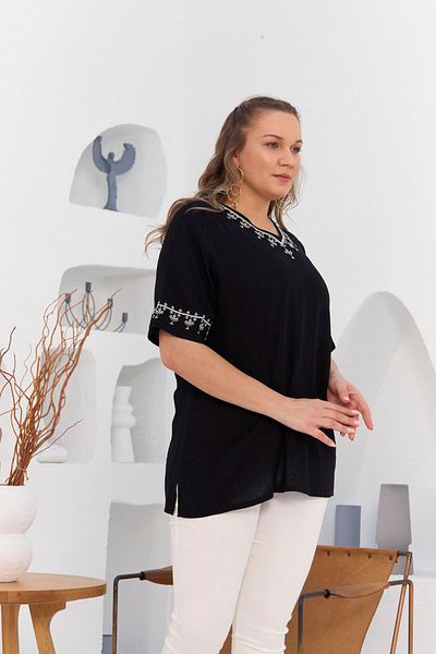 RMG Plus Size Black Blouse - Collar and Sleeve Embroidery Detail