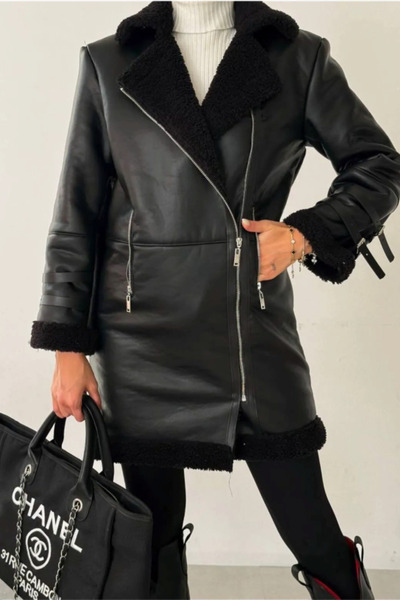 Rabia Çelik Kadın Siyah Içi Fermuarlı Vegan Deri Yaka Kahverengi Mont