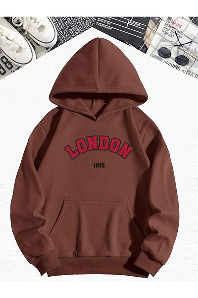 BENROMA Суитшърт с качулка и щампа London в цвят кафе