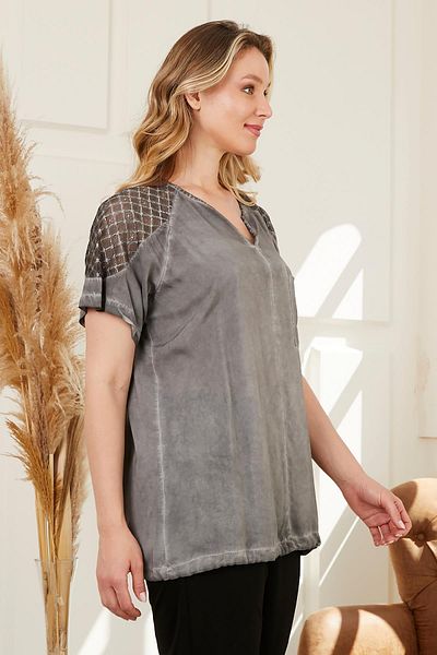 RMG Plus Size Smoked Blouse - Tie-Up Skirt and Shoulder Detail