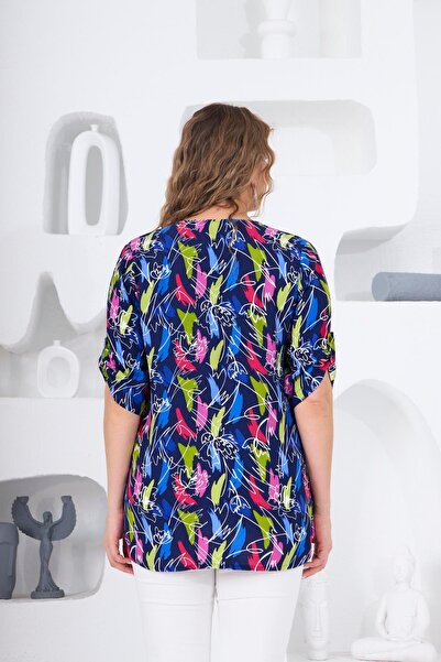 RMG Navy Blue Patterned - Plus Size Blouse