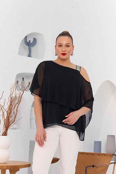 RMG Black Chiffon Plus Size Blouse - Shoulder Stone Detailed Underwear