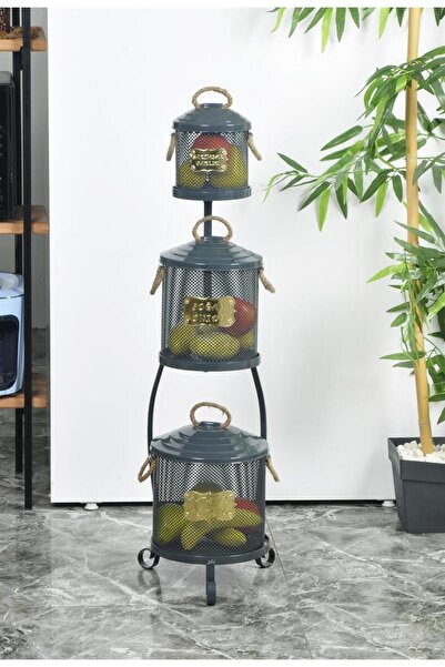 Yıldıray Metal Küçük Gri Patates Soğan Kovası 3 Katlı Fileli Paslanmaz