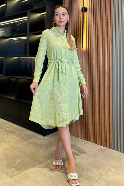 GÜLSELİ Rochie cămașă de in - verde fistic, cu centură în talie