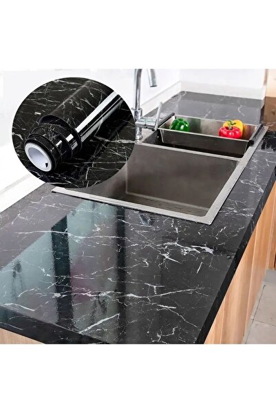 Forzacase Mermer Desenli Siyah Folyo Kaplama 5 Metre Tezgah Dolap Mutfak Kağı...