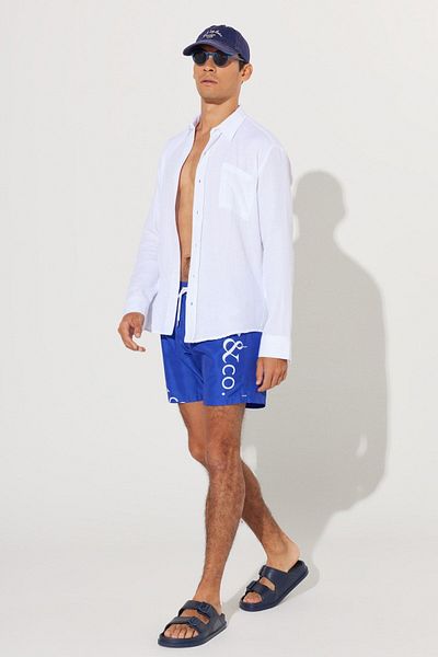 AC&Co / Altınyıldız Classics Marineblaue Herren-Badeshorts mit Standard-Passform, normaler Schnitt, schnell trocknende, gemusterte Badeshorts mit Taschen