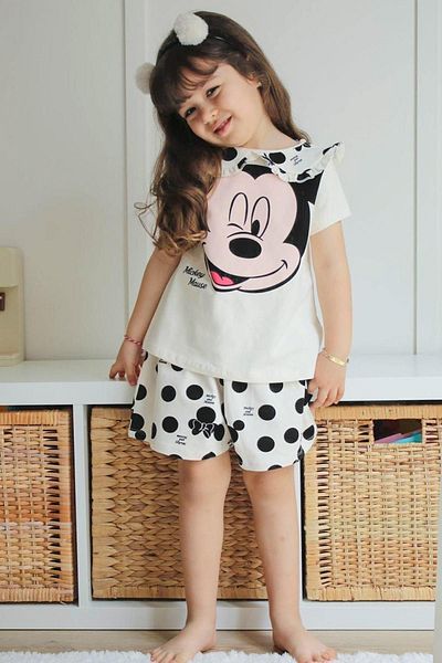 DENİMİNİ Girl's Double Suit - Full Print Figure, Ecru DNM108