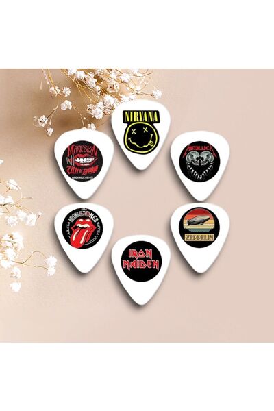 cantekin Gitar Pena 6 Adet Nirvana Metallica IronMaiden RollingStones Måneskin Zeppelin Çift Taraflı Baskılı