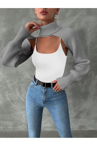 TRQOM Γκρι Crop Γυναικεία Μπλούζα - Bolero, Σχέδιο Ψηλόλαιμο