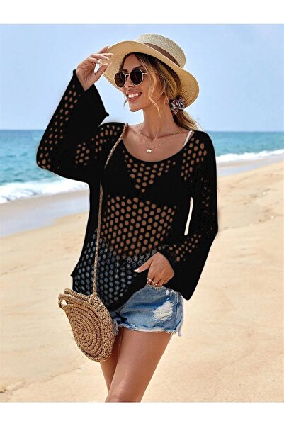 citystyle Bluză neagră din tricot - mânecă lungă cu detaliu plasă, fante și v...