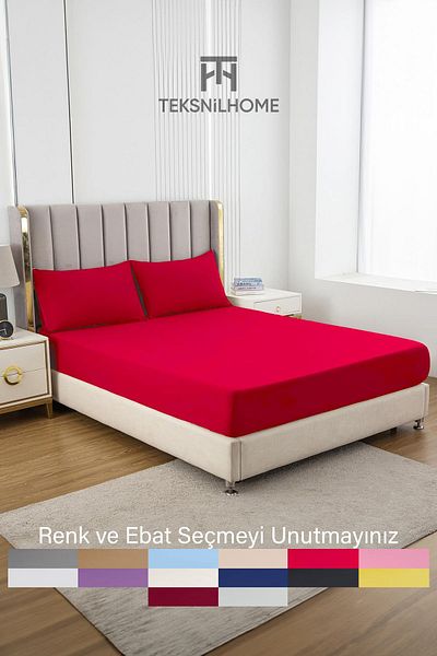 TeksNil Home ملاءة سرير مفردة/مزدوجة من القطن المرن باللون الأحمر من Ranforce - 14 لونًا مناسبًا