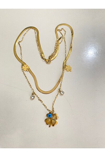 ANGELSS JEWELLERY زيركون ستون البرسيم وخرزة العين الشريرة - قلادة سلسلة مزدوج...