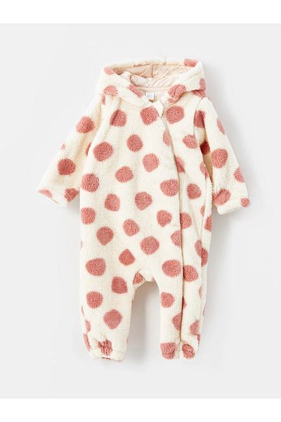 LC Waikiki lCW Baby Cream Printed PolKa Dot long Sleeve Hooded Jumpsuit for Baby Girl